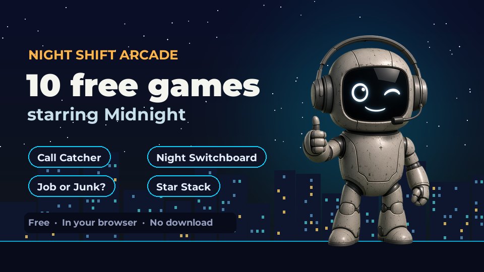 Midnight giving a thumbs up next to the words Night Shift Arcade, 10 free games starring Midnight, and four game names