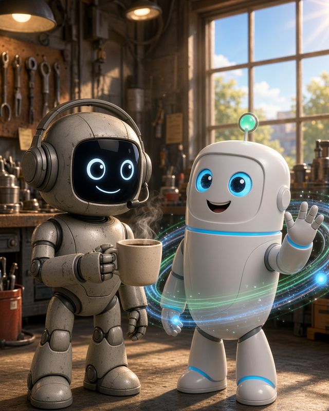 Midnight handing Orbit a cup of coffee at shift change in the workshop