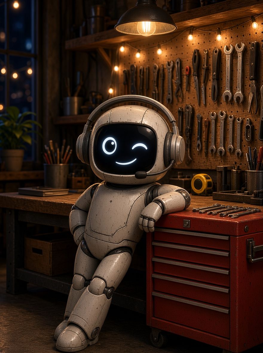 Midnight, a small gray robot with headphones and a glowing screen face, winking while leaning on a red toolbox in a workshop at night