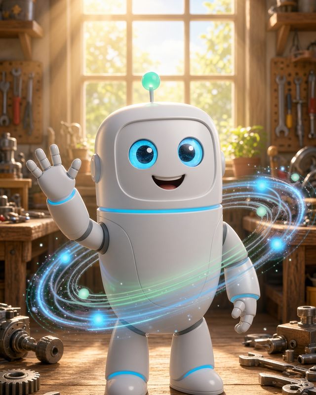 Orbit, a glossy white robot with big blue eyes, a small green antenna and a glowing ring around him, waving good morning in a sunny workshop