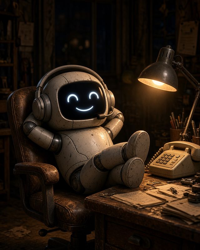 Midnight leaning back in an office chair with his feet on the desk next to a beige desk phone