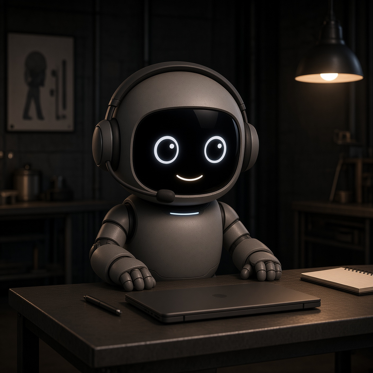 Orbit working at a bench in a dark shop